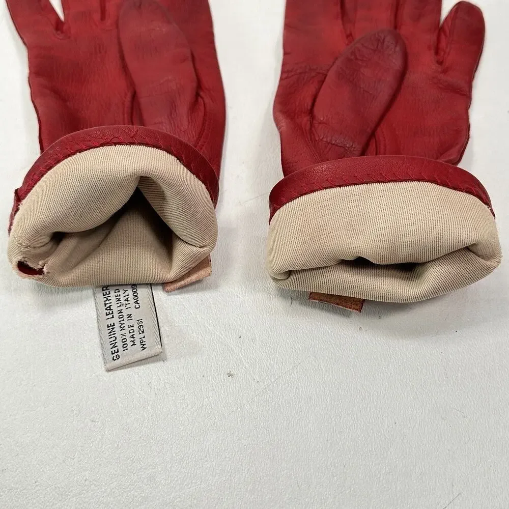 Liz Claiborne Leather Gloves Women 6.5 Lined Logo Red Past Wrist